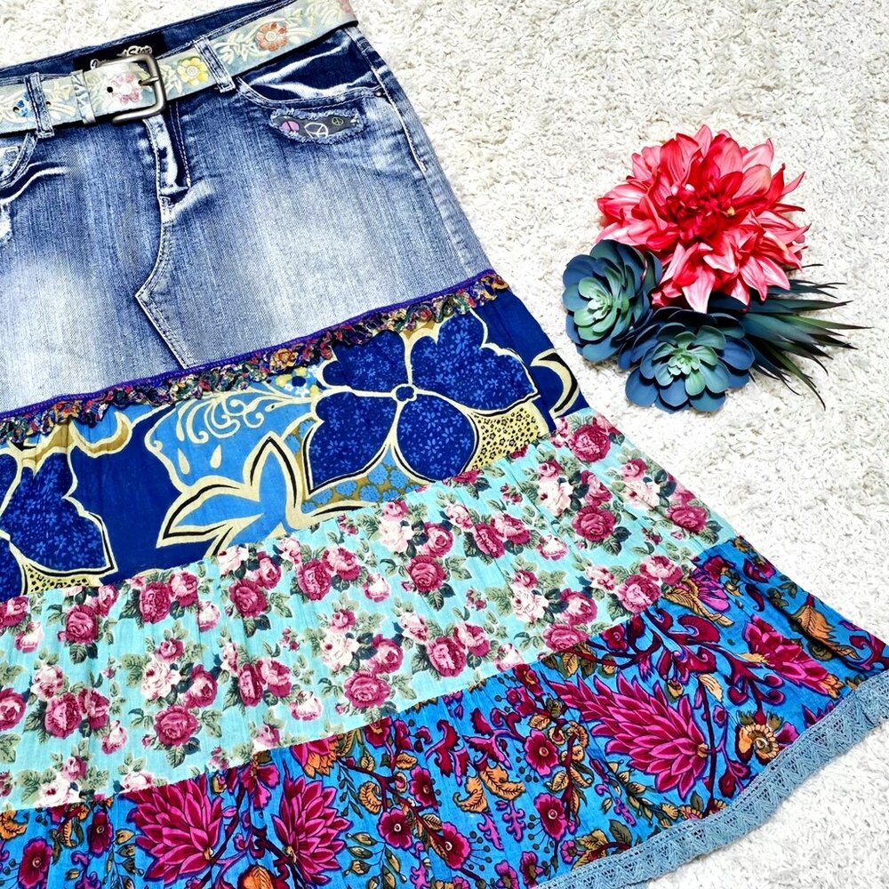 Skirt. Denim Blue Pink Multi Tiered Floral Pattern. Upcycled Girls Size 14 GUC